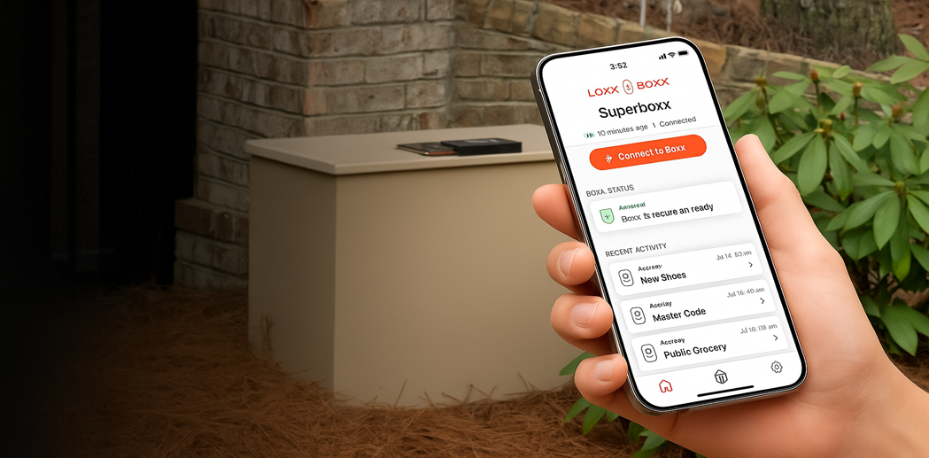 Hand holding a smartphone with a Loxx Boxx app interface in front of a X Large Loxx Boxx with Solar Panel.