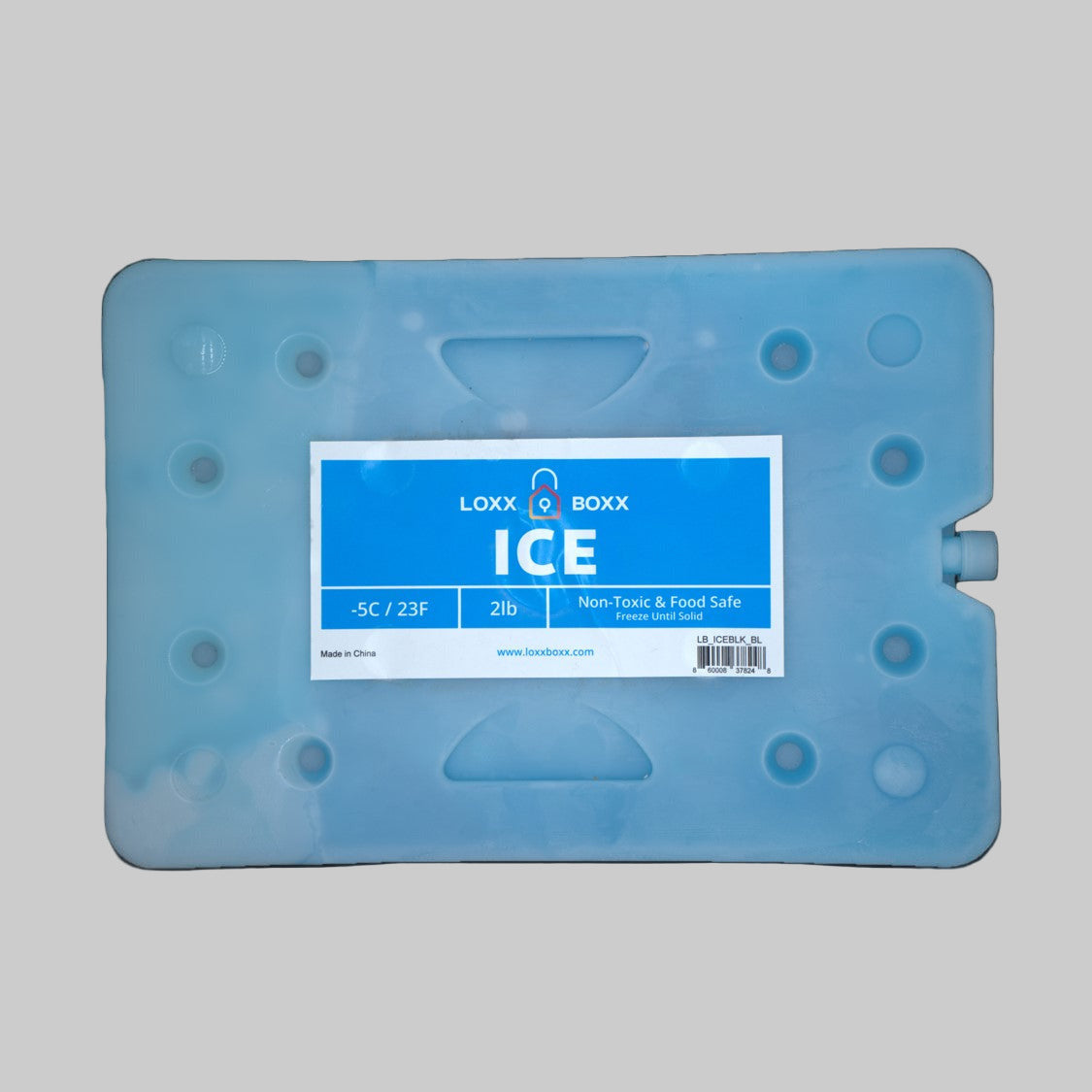 Blue ice pack with 'Loxx Boxx' label on a black background
