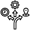 Set of black icons including a clock, gear, arrows, and location marker on a white background