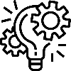 Black and white icon of a light bulb with gears inside on a white background